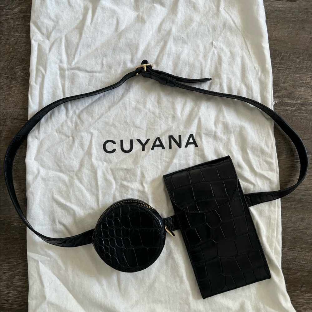 Cuyana Black Croc Embossed Convertible Belt Bag & Circle Add On Pouch Gold